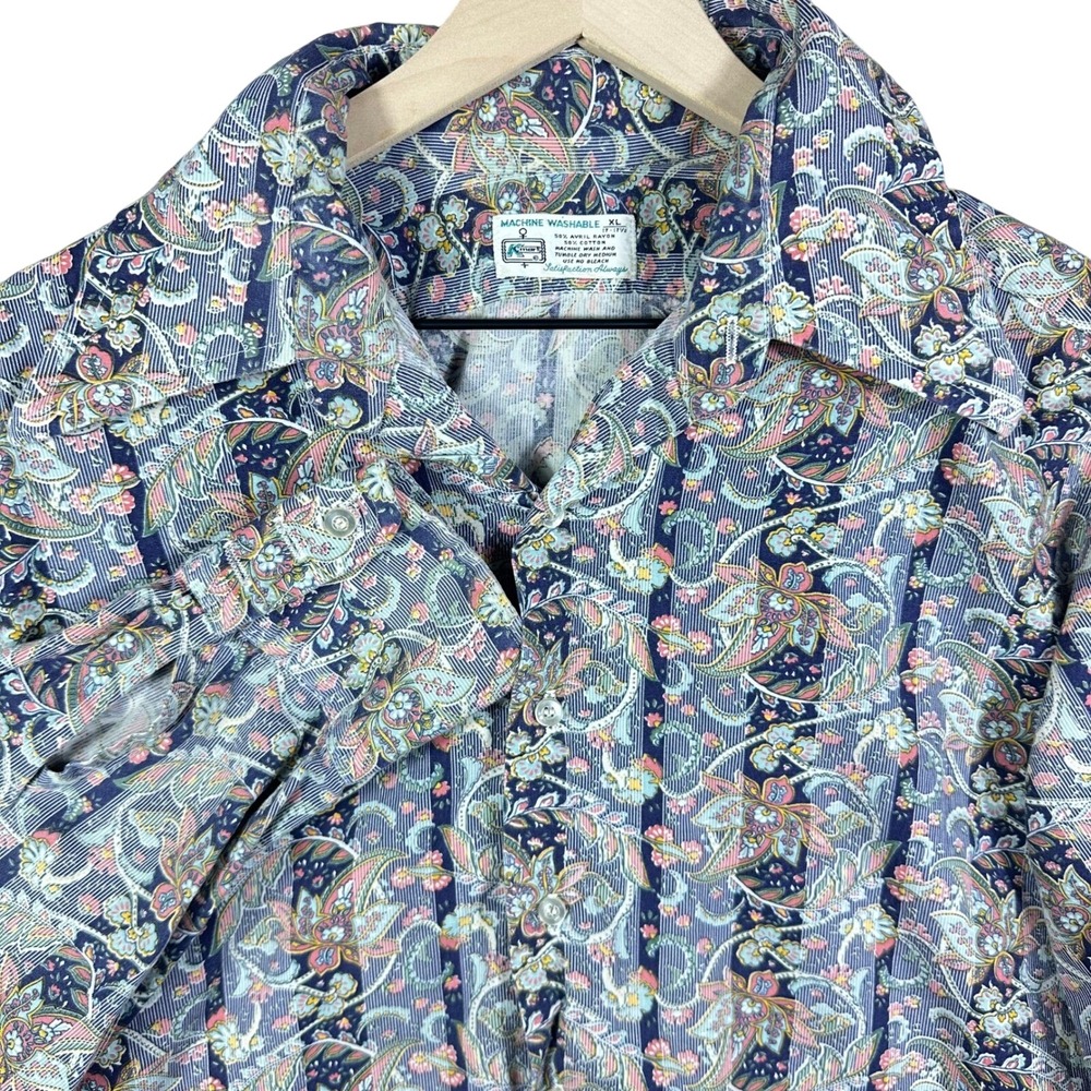 VINTAGE 70s Kmart Button Up Shirt Mens XL Blue Paisley Dagger Collar Disco